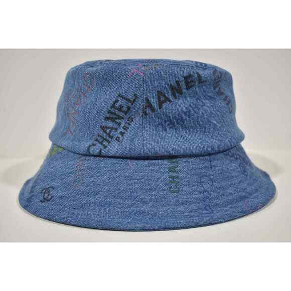 Chanel 22P Blue Black Pink Denim Graffiti CC Logo Sun Cloche Bucket Hat Large L